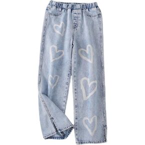 WDIRARA Girl's Graphic Print Elastic Waist Jeans with Pockets Wide Leg Long Pants