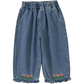Toddler Flowers Denim Pants Kids Girl Wide Leg Jeans Pants Elastic Waist Trousers
