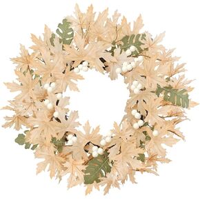 Artmag 18 Inch Fall Wreath Decoration for Front Door, Autumn Neutral Wreath with Maple Leaf Berry Harvest Pumpkins Pinecones for Fall Thanksgiving Halloween Decorations (White&Brown)