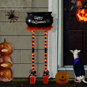 32IN Halloween Candy Bowl， Large Witches Cauldron Pot Candy Bowl Witch Legs With Lights,Trick or Treat Bowl With Timer, Candy Rack For Halloween Party Decorations Front Door Porch Outdoor Indoor
