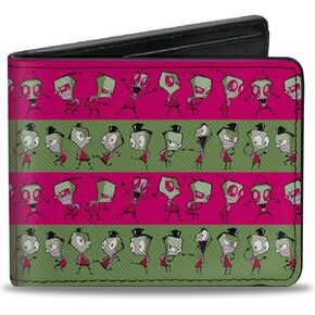 Buckle-Down Nickelodeon Wallet, Bifold, Invader Zim and Human Disguise Poses Stripe Pink Green, Vegan Leather