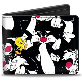 Buckle-Down Men's Looney Tunes Wallet, Bifold, Sylvester and Tweety Poses Scattered Black, Vegan Leather, Multicolor, Standard Size