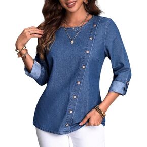 المرأة عادية Crewneck نشمر كم مائل زر أسفل قميص الدنيم بلايز بلوزة