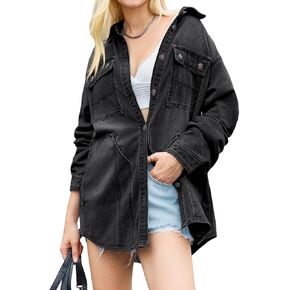 PLNOTME Womens Denim Jackets Oversized Casual Trendy Long Sleeve Button Down Jean Shackets with Pockets