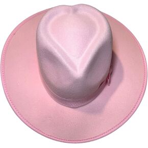 Pink Cotton Brim Hat with Heart Crown Design, Wide Brim Fedora Style Cowboy Hat for Women