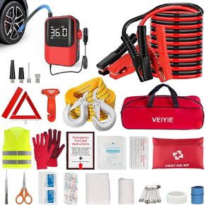 Roadside emergency car kit for vehicles, car first aid kit emergency kit with Portable Air Compressor, Heavy Duty Jumper Cables, Tow Strap, road trip Essentials car safety kit, new driver gifts