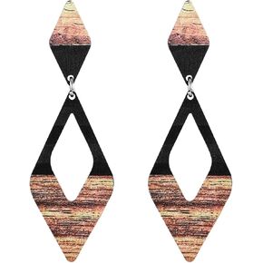 Emibele Wood Earrings for Women Girls, Colorful Geometric Drop Dangle Earring, Handmade Lightweight Wooden Vintage Earring Boho Jewelry Gifts for Party & Dating