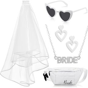 Bachelorette Party Decorations Kit Bridal Wedding Veil with Comb White Belt Bag with Adjustable Buckle Heart Shaped Sunglasses Hollow Earrings Diamond Bride Necklace for Bachelorette Party