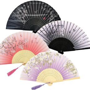 4 Pieces Handheld Bamboo Fans, Silk Folding Fans with Bamboo Frames for Dancing Cosplay Wedding Party Props Decoration