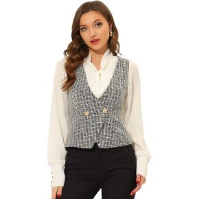 Allegra K Vintage Tweed Vest for Women's Double Breasted Sleeveless Plaid Waistcoat Jacket
