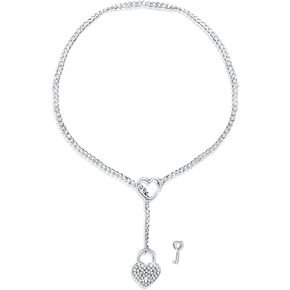 Stainless steel With Heart Shaped PadlockWomen's Adjustable Lariat Y-Necklace - Punk Gothic Gold Cuban Chain Necklace - Reflective, Durable, and Comfortable - Strong Metal, Flat Cut Beveled Links for Extra Shine Includes Key for Lock ,lengths 24"