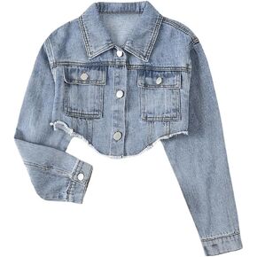 Girl's Long Sleeve Asymmetrical Raw Hem Coat Collared Neck Button Up Crop Denim Jackets with Pockets