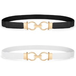 WHIPPY 2 Pack Skinny Elastic Belts for Women Thin Stretchy Waist Belt for Dresses with Gold Buckle