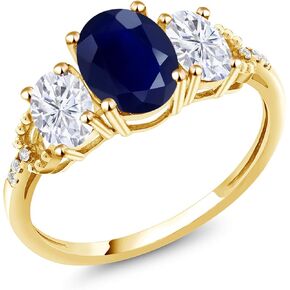 Gem Stone King 2.84 Cttw 10K Yellow Gold Blue Sapphire White Moissanite and Diamond 3-Stone Engagement Ring | Gemstone Birthstone | 3 Stone Wedding Anniversary Promise Ring For Women