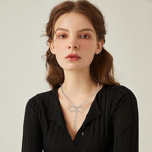 FAMARINE Silver Plated Bow Necklace for Women Simple Cubic Zirconia Silver Bow Neckace for Women Gift in Kuwait