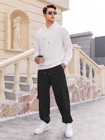 بنطلون ركض رجالي غير رسمي من Hardaddy سروال رياضي مدبب بخصر مطاطي برباط للرجال مع جيوب متعددة in Kuwait