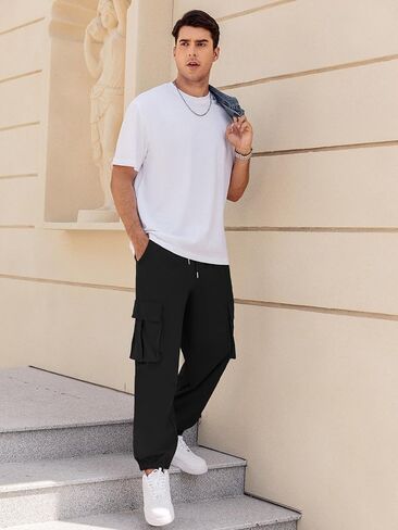 بنطلون ركض رجالي غير رسمي من Hardaddy سروال رياضي مدبب بخصر مطاطي برباط للرجال مع جيوب متعددة in Kuwait