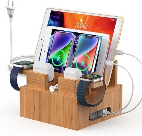 Pezin & Hulin Bamboo Phone Charging Station with 5-Port Charger & 5 Cables in Saudi Arabia