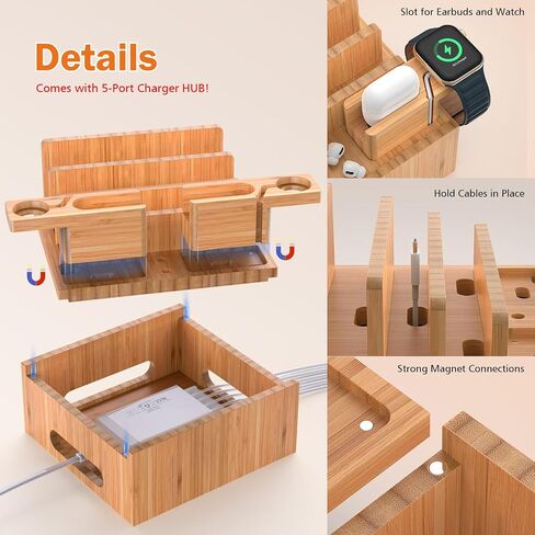 Pezin & Hulin Bamboo Phone Charging Station with 5-Port Charger & 5 Cables in Saudi Arabia