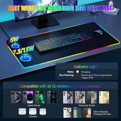 Mouse Pad with Phone Holder, Wireless Charging Desk Mat, RGB Gaming Mousepad Home Office Large Desk Pad with Ultra-Smooth Surface, Non-Slip Base, Waterproof Keyboard Pad, Classic Black Desk Mat in Kuwait
