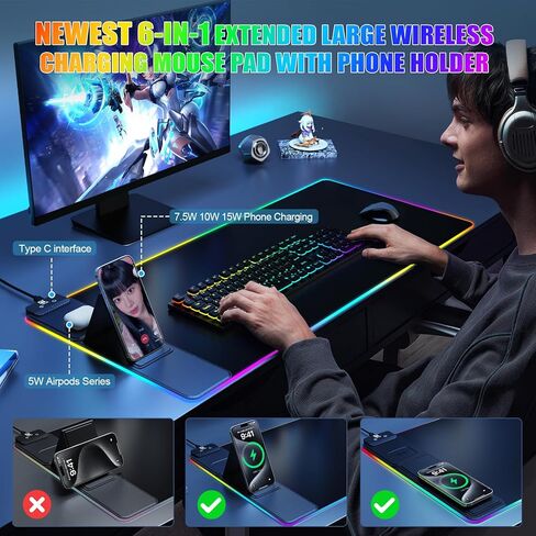 Mouse Pad with Phone Holder, Wireless Charging Desk Mat, RGB Gaming Mousepad Home Office Large Desk Pad with Ultra-Smooth Surface, Non-Slip Base, Waterproof Keyboard Pad, Classic Black Desk Mat in Kuwait