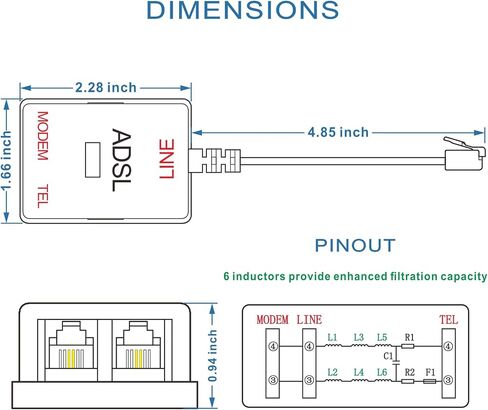 NECABLES DSL Filter Splitter for Phone Line and Internet | 6 Inductors Version RJ11 6P2C 1 Male to 2 Females White in Kuwait