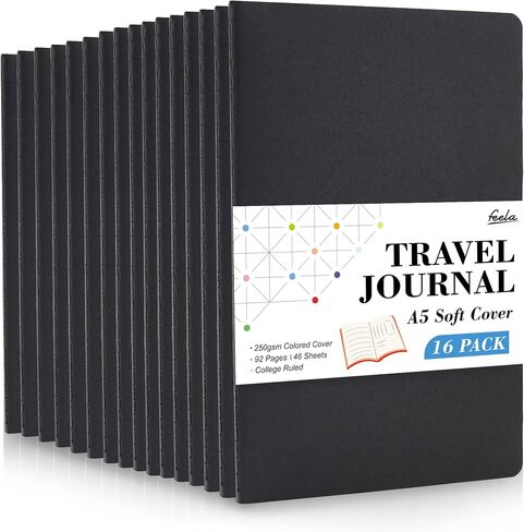 Feela 16 حزمة من دفاتر الملاحظات ذات الغلاف الناعم، دفاتر ملاحظات مبطنة قواعد جامعية للعمل لكتابة النساء والفتيات، مجلة سفر فارغة تدوين مستلزمات الأعمال المدرسية، 8.2 بوصة × 5.5 بوصة، A5، أسود in Saudi Arabia