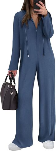 KIRUNDO Women's Long Sleeve Hooded Wide Leg Jumpsuits Zip Up Onesie Loose Pants Romper With Pockets Trendy Fall Outfits in Kuwait