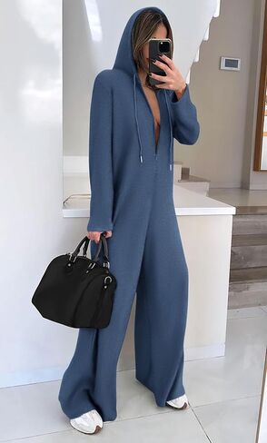 KIRUNDO Women's Long Sleeve Hooded Wide Leg Jumpsuits Zip Up Onesie Loose Pants Romper With Pockets Trendy Fall Outfits in Kuwait