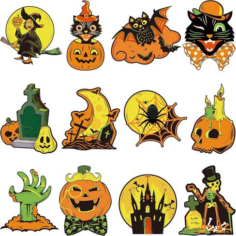 12 Pieces Vintage Halloween Decorations，Halloween Cutouts Classic Artwork Cutouts Pumpkin Witch Owl Cutouts Old Style Wall Art Cutout Halloween Posters for Halloween Window Wall Home Decor Supplies in Saudi Arabia