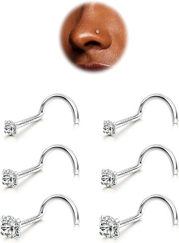 BodyBonita 6pcs Nose Studs - 316L Surgical Steel Corkscrew Nose Rings 18G/20G/22G Nose Piercing Stud 1.5 mm 2 mm 3 mm CZ Screw Nose Rings Studs Nostril Piercing Jewelry for Women Men in Kuwait
