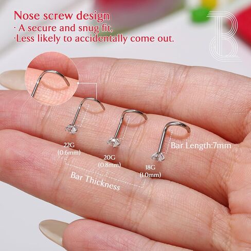 BodyBonita 6pcs Nose Studs - 316L Surgical Steel Corkscrew Nose Rings 18G/20G/22G Nose Piercing Stud 1.5 mm 2 mm 3 mm CZ Screw Nose Rings Studs Nostril Piercing Jewelry for Women Men in Kuwait