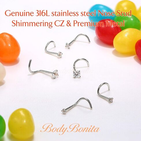 BodyBonita 6pcs Nose Studs - 316L Surgical Steel Corkscrew Nose Rings 18G/20G/22G Nose Piercing Stud 1.5 mm 2 mm 3 mm CZ Screw Nose Rings Studs Nostril Piercing Jewelry for Women Men in Kuwait