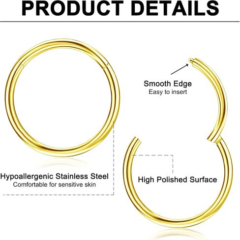10Pcs Nose Rings Hoops 16G 18G 20G Hoop Nose Rings for Women 316L Surgical Steel Nose Hoop Hinged Clicker Conch Septum Rings Tragus Cartilage Earring Lip Rings Nose Piercing Jewelry 6mm-14mm in Saudi Arabia