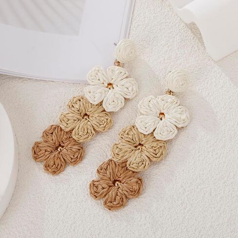 Raffia Flower Earrings, Raffia Straw Wrapped Flower Drop Dangle Earrings Summer Tropical Beach Jewelry in Saudi Arabia