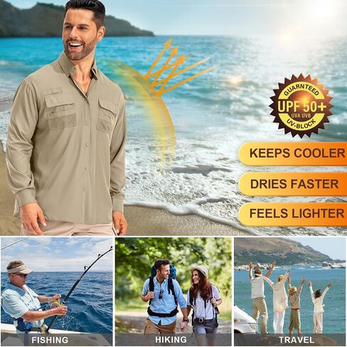 Men's Fishing Shirts Long Sleeve Sun Protection Safari Shirts UPF 50 UV Quick Dry Cooling Travel Work Shirts in Kuwait