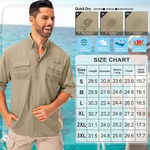 Men's Fishing Shirts Long Sleeve Sun Protection Safari Shirts UPF 50 UV Quick Dry Cooling Travel Work Shirts in Kuwait