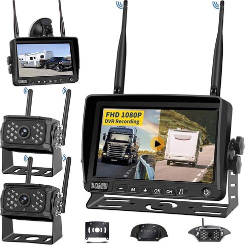 Dual RV Backup Camera Wireless HD 1080P Reverse Cameras with 7'' Monitor, Pre-Wired for Furrion System Recording, Night Vision Waterproof Rear View Camera for RVs, Trailers, Trucks, Campers in Saudi Arabia