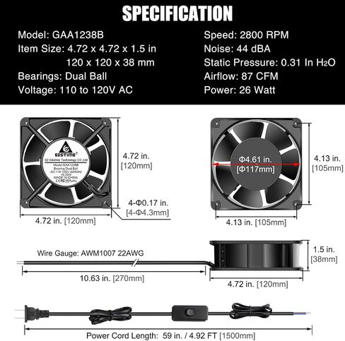 GDSTIME AXIAL 12038 Muffin Fan، 120V AC 120mm x 38mm، محمل كروي مزدوج in Kuwait