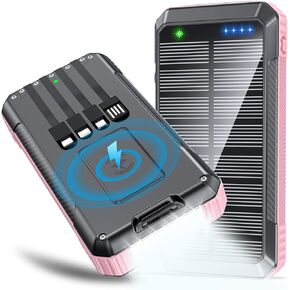 Solar Power Bank Wireless Charger 33800mAh Built in 4 Cables and LED Camping Lights 22.5W Fast Charging Power Bank 7 Outputs 4 Inputs Portable Charger Compatible with All Mobile Devices (Blue)