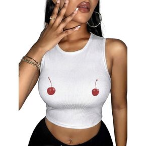 Hilinker Women's Summer Tank Tops Sleeveless Letter Graphic Printed Ribbed Knit Basic Crop Cami Tops Shirt