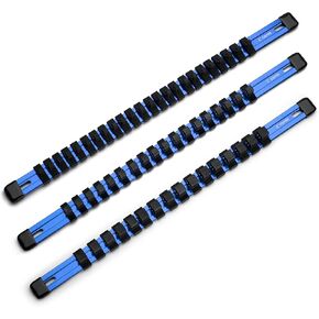 Capri Tools Aluminum Socket Rail Set, 1/4", 3/8" and 1/2" Drive, 17" Long, Blue, 3-Piece Rail with 58 Socket Clips