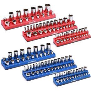 CASOMAN منظم المقبس المغناطيسي، مجموعة حامل المقبس 6 قطع، 1/2 بوصة، 3/8 بوصة، محرك 1/4 بوصة، يحمل 143 مقبس SAE ومتري، أحمر وأزرق، منظم أدوات عالي الجودة in Kuwait