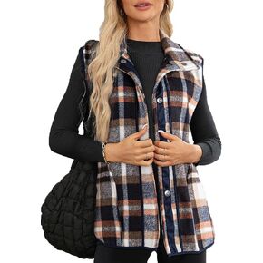 Dokotoo Womens Vest 2024 Fall Fashion Lapel Button-Down Sleeveless Casual Oversized Outerwear Plaid Jacket