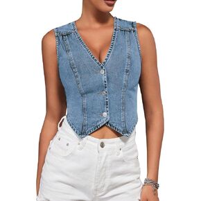 SHENHE Women's Button Down Denim Vest V Neck Cropped Jean Vest Top Y2K Sleeveless Jean Jacket
