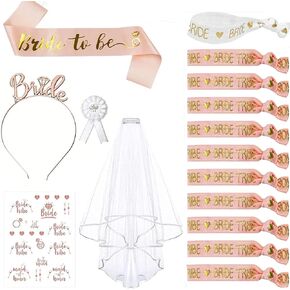 Bridal Shower Decoration, Lecone 16 Pieces Bachelorette Party Decorations Bride Bracelets Bride to be Satin Sash Bride Garter Headband Tiara and Veil Bride Tattoos Wedding Accessories