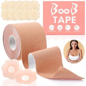 Boob Tape Kit - Boobytape for Breast Lift with 2 Breast Petals and 10 Satin Nipple Covers, Breathable Breast Tape Sticky Bra Tape for Strapless Dress, Push Up Boobtape(Nude)