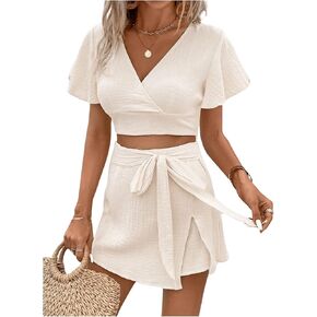 MakeMeChic Women's 2 Piece Outfits Wrap V Neck Short Sleeve Tee Crop Top and Belted Skort Set