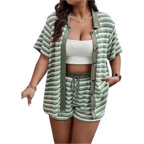 Verdusa Women's Plus Size 2 Piece Outfits Striped Button Up Cardigan and Matching Shorts Sets