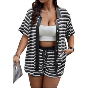 Verdusa Women's Plus Size 2 Piece Outfits Striped Button Up Cardigan and Matching Shorts Sets